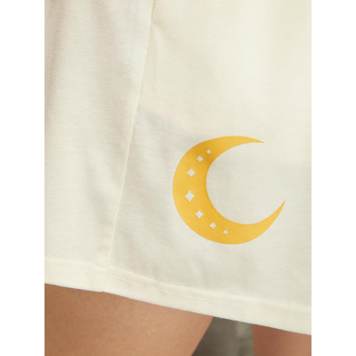 Plus Size Moon Print Elastic Waist Pocket Sleep Shorts Women Ivory Casual Star and moon Shoulderless Pocket Loungewear BloomChic 12/L Product Image