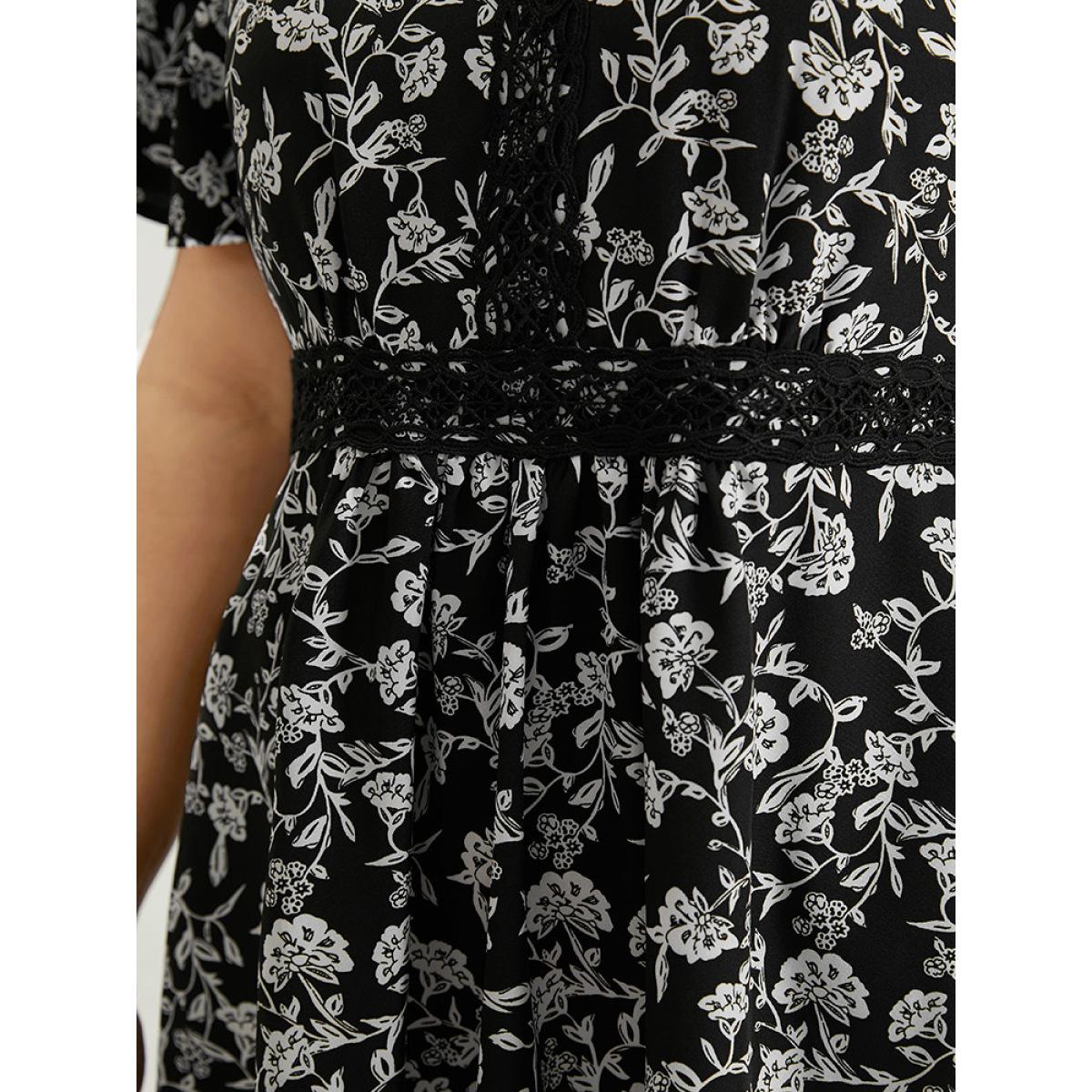 Plus Size Silhouette Floral Print V Neck Ruffles Lace Panel Dress BlackFlower Women Elegant Printed V-neck Short sleeve Curvy Midi Dress BloomChic 18-20/2X Product Image
