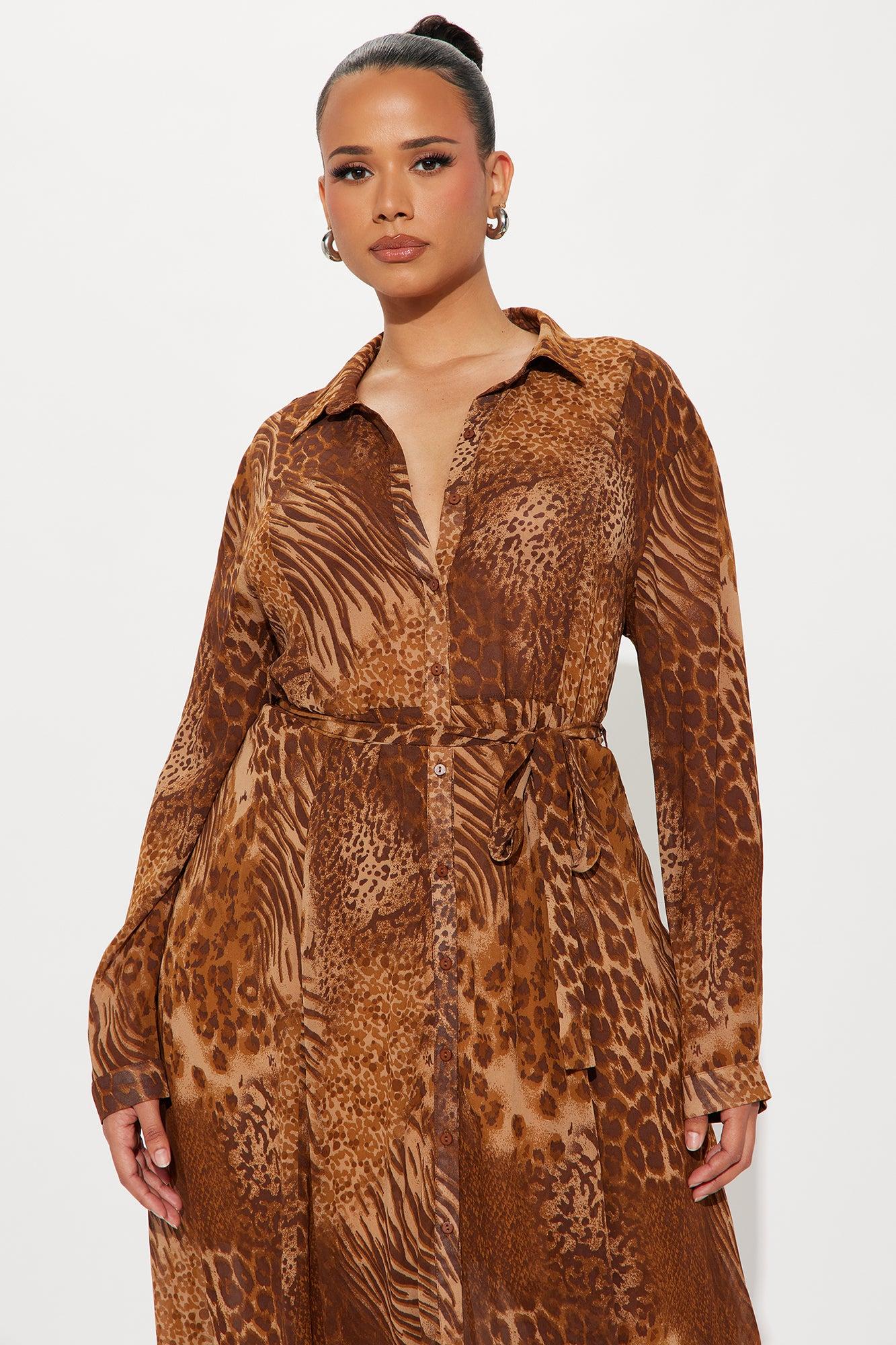 Reina Animal Print Midi Shirt Dress - Brown Product Image