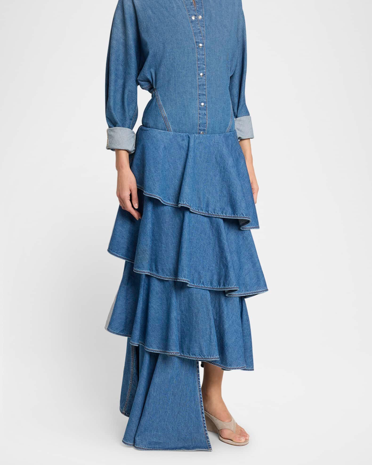 Spiral Ruffle Denim Midi Skirt Product Image