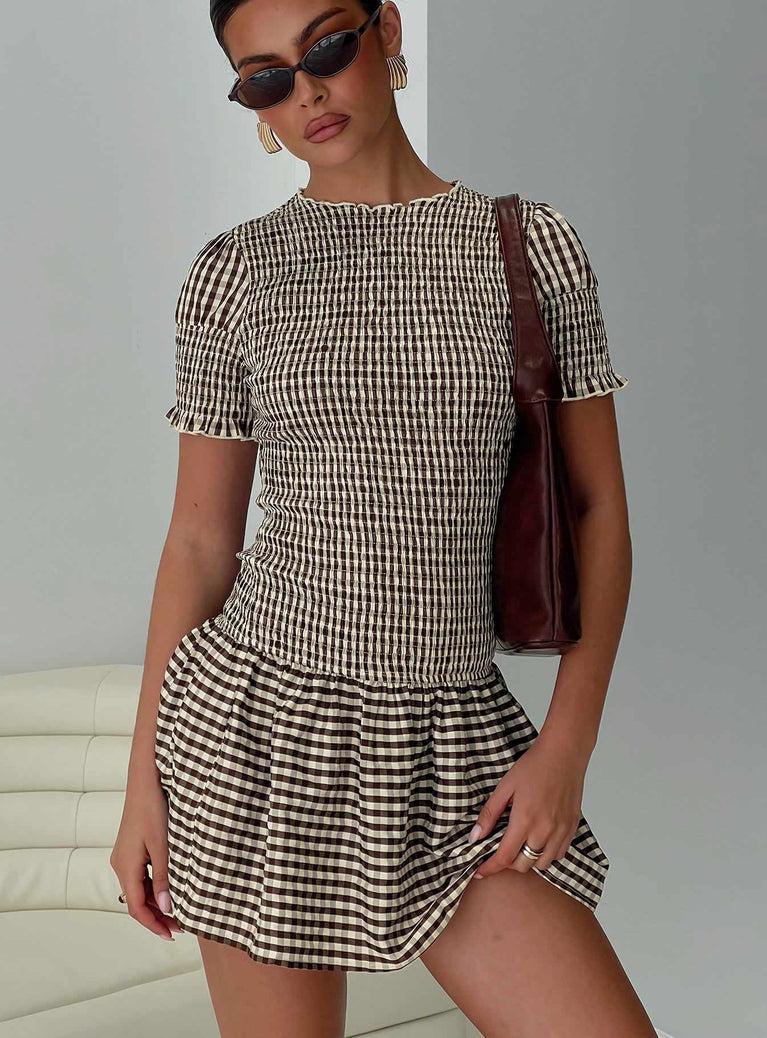 Laurita Shirred Mini Dress Brown Check Tall Product Image