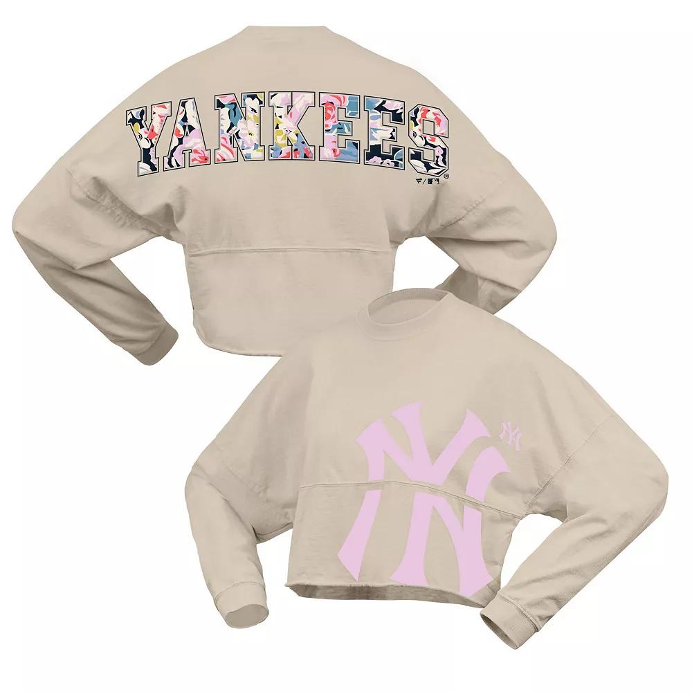 Women's Fanatics  Cream New York Yankees Floral Preppy Cropped Long Sleeve T-Shirt, Size: XL, Beige Product Image