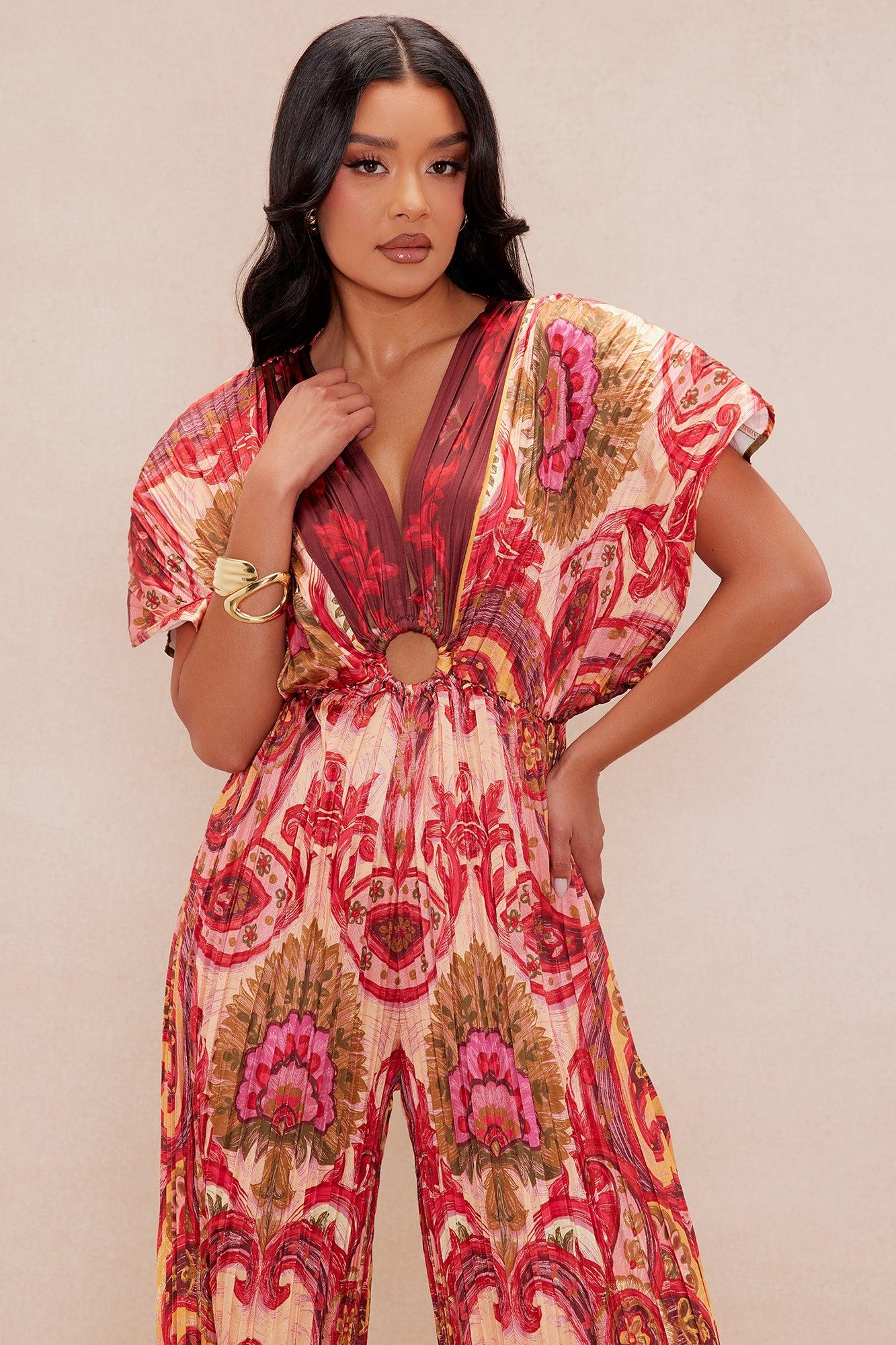 Kamari Pleated Wide Leg Jumpsuit - Red/combo Product Image