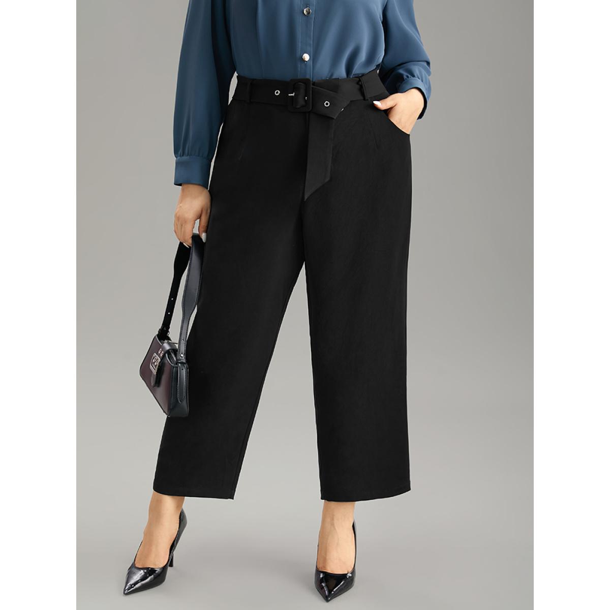 Plus Size Static-Free Buckle Detail Eyelet Pants Women Black Office High Rise Office Pants BloomChic 12/L Product Image