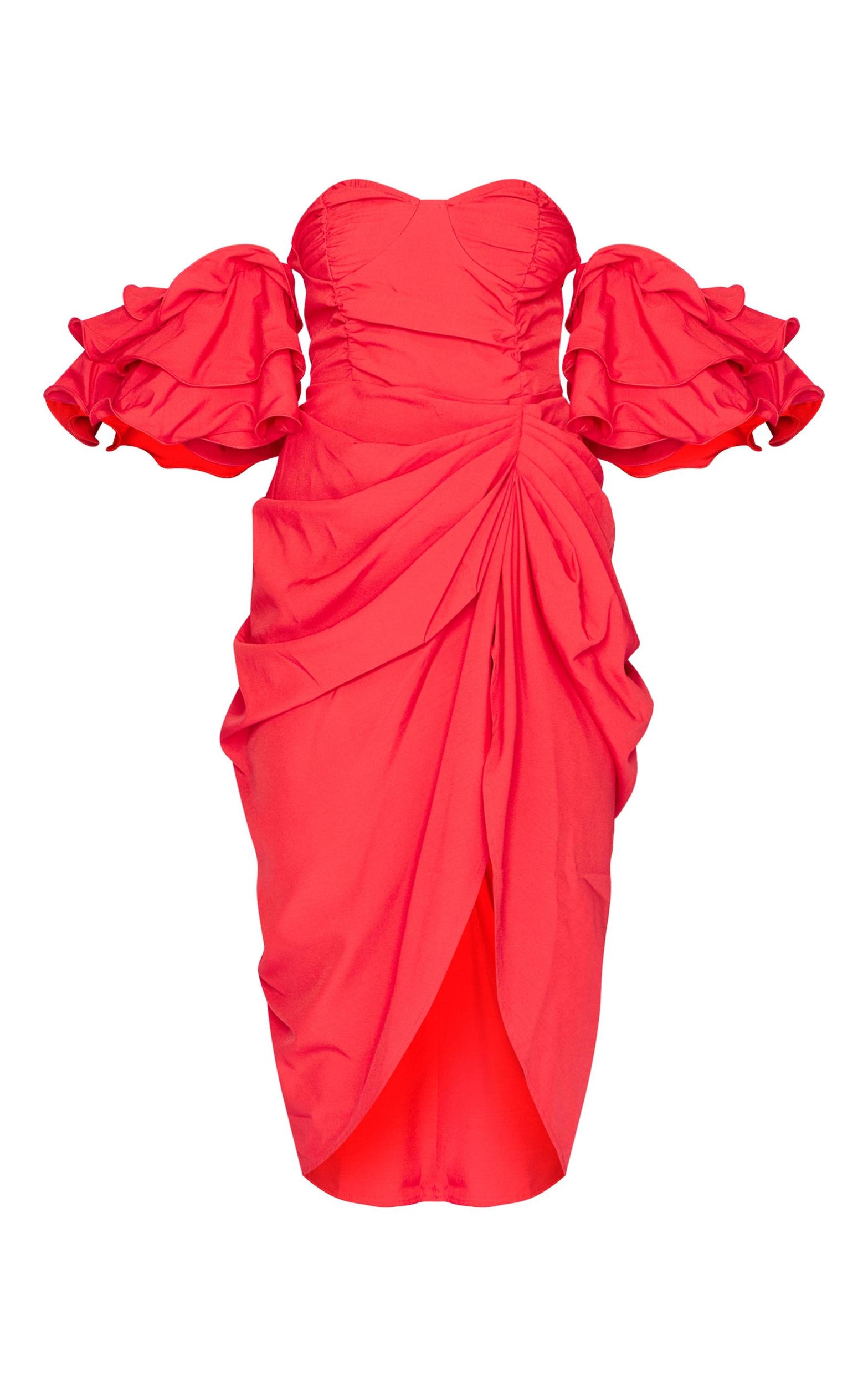 Red Bardot Frill Sleeve Draped Midi Dress Product Image