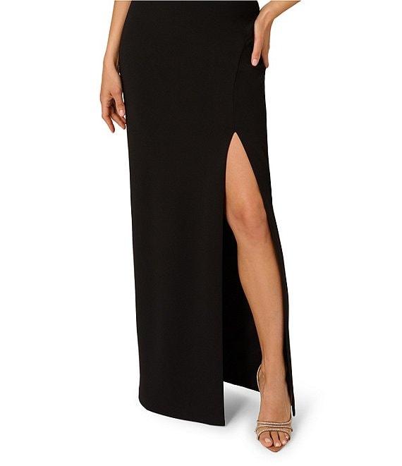 Adrianna by Adrianna Papell Colorblock Crepe Knit Sweetheart Neck Pleated Satin Bodice High Slit Column Gown Product Image