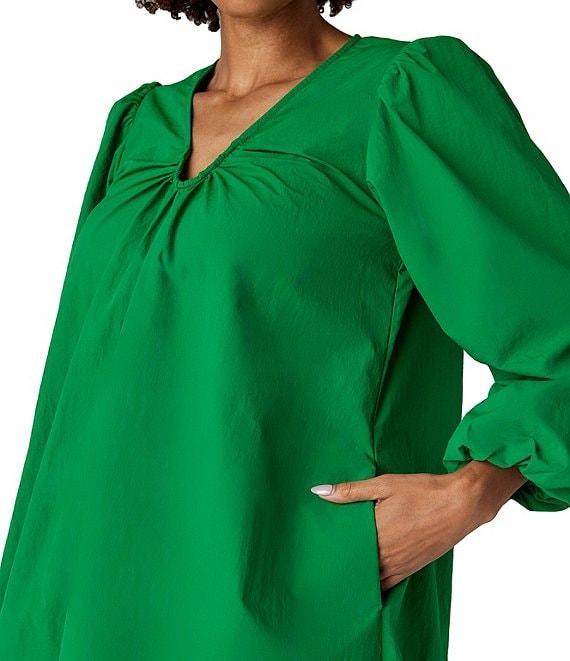 CROSBY by Mollie Burch Beckham Shantung Ruched Wired U-Neckline Long Balloon Sleeve Shift Dress Product Image