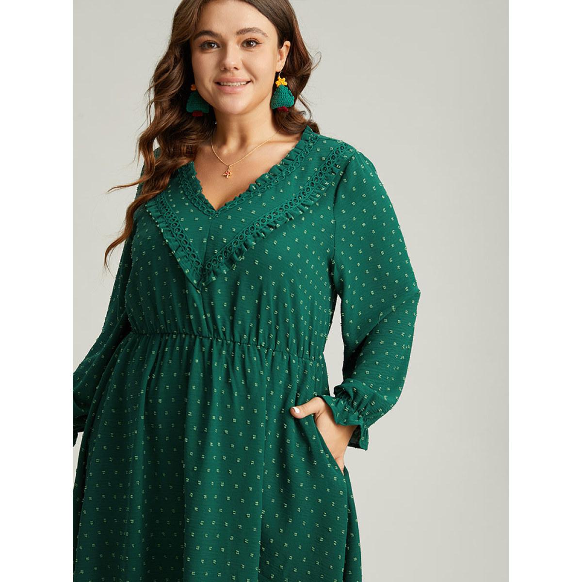 Plus Size Solid Textured V Neck Lantern Sleeve Frill Trim Dress DarkGreen Women Office Texture V-neck Long Sleeve Curvy Midi Dress BloomChic 30/6X Product Image
