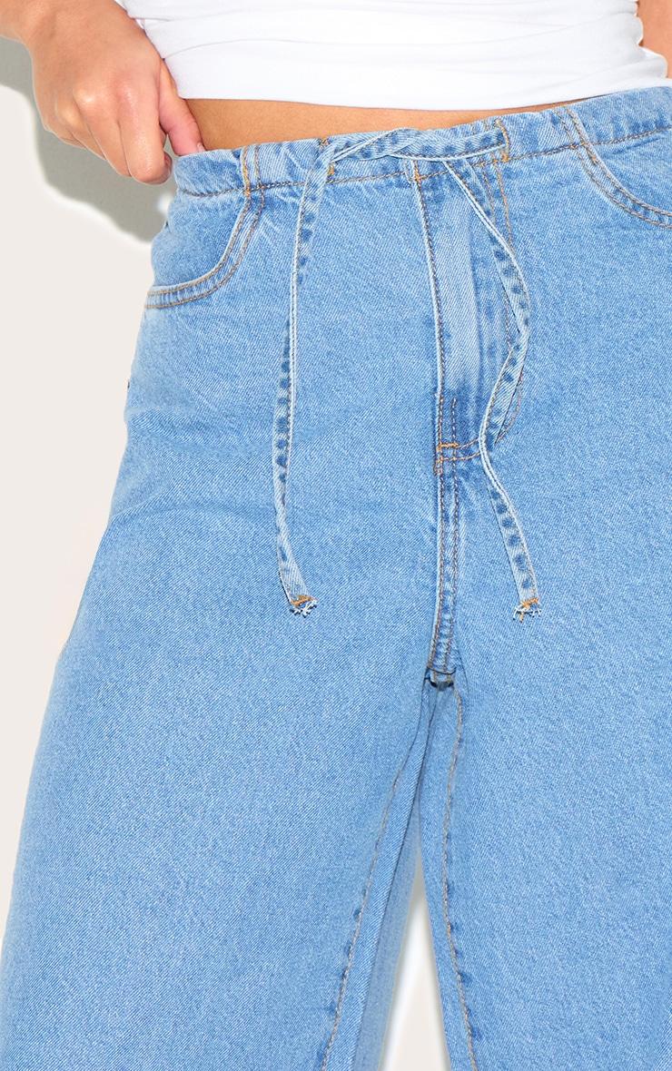 Petite Mid Blue Wash Low Rise Tie Waistband Wide Leg Jeans Product Image