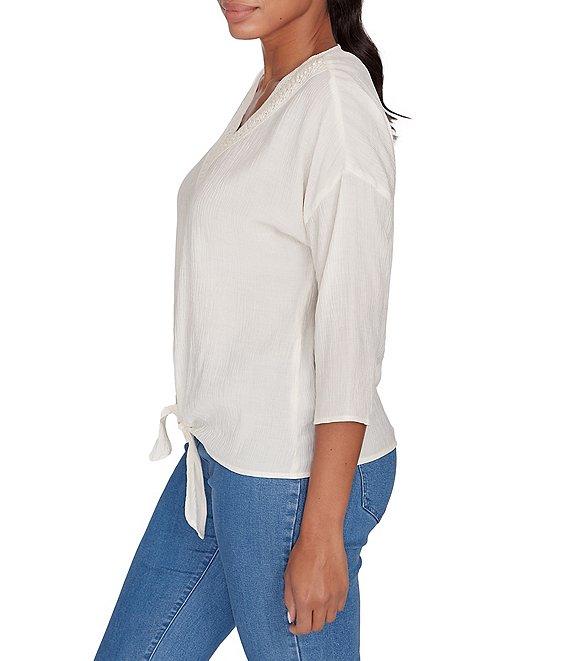Ruby Rd. Woven Gauze V-Neck 3/4 Sleeve Tie-Front Top Product Image
