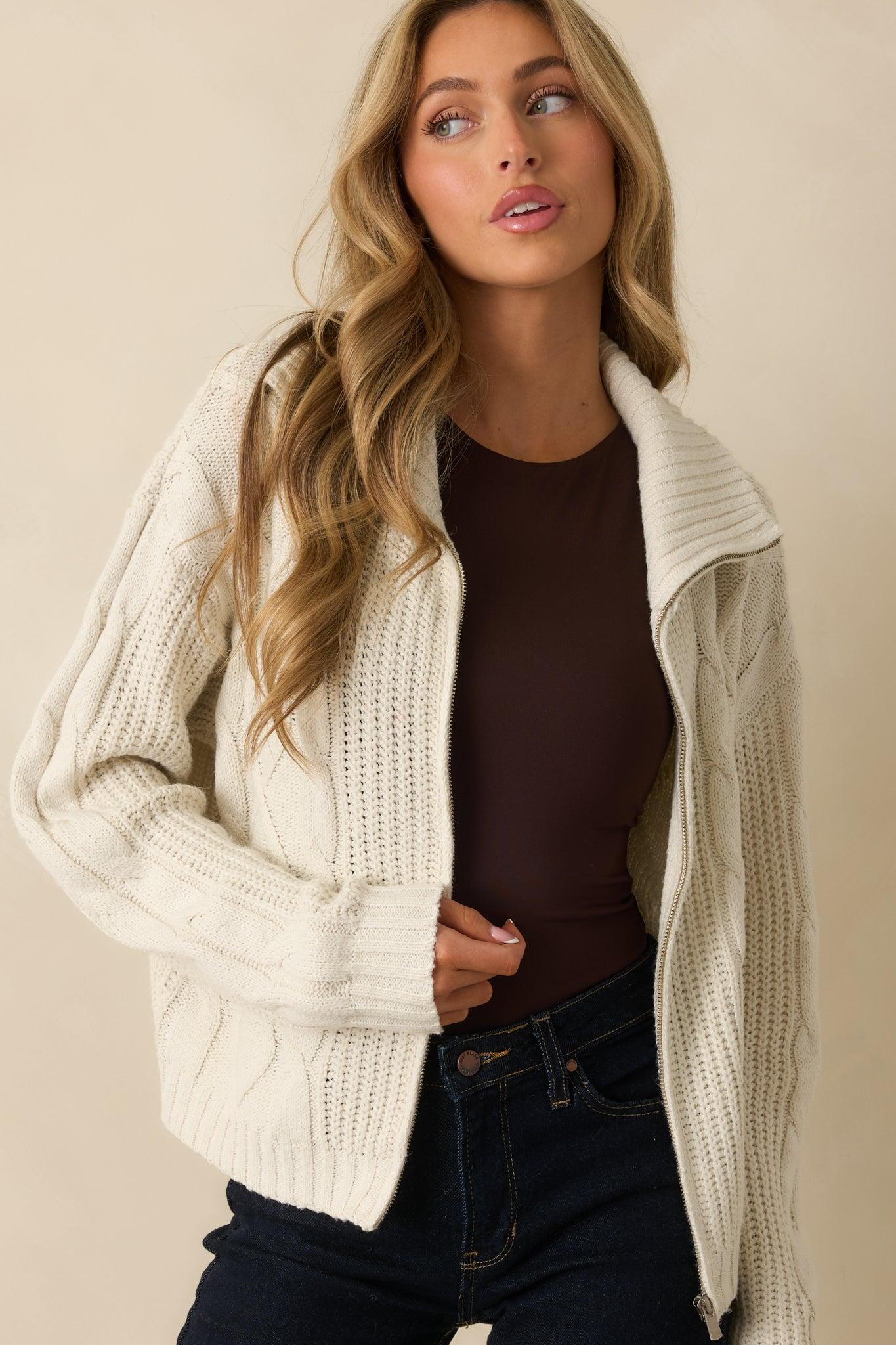 Better Believe It Ivory Cable Knit Zip Front Sweater Jacket Product Image