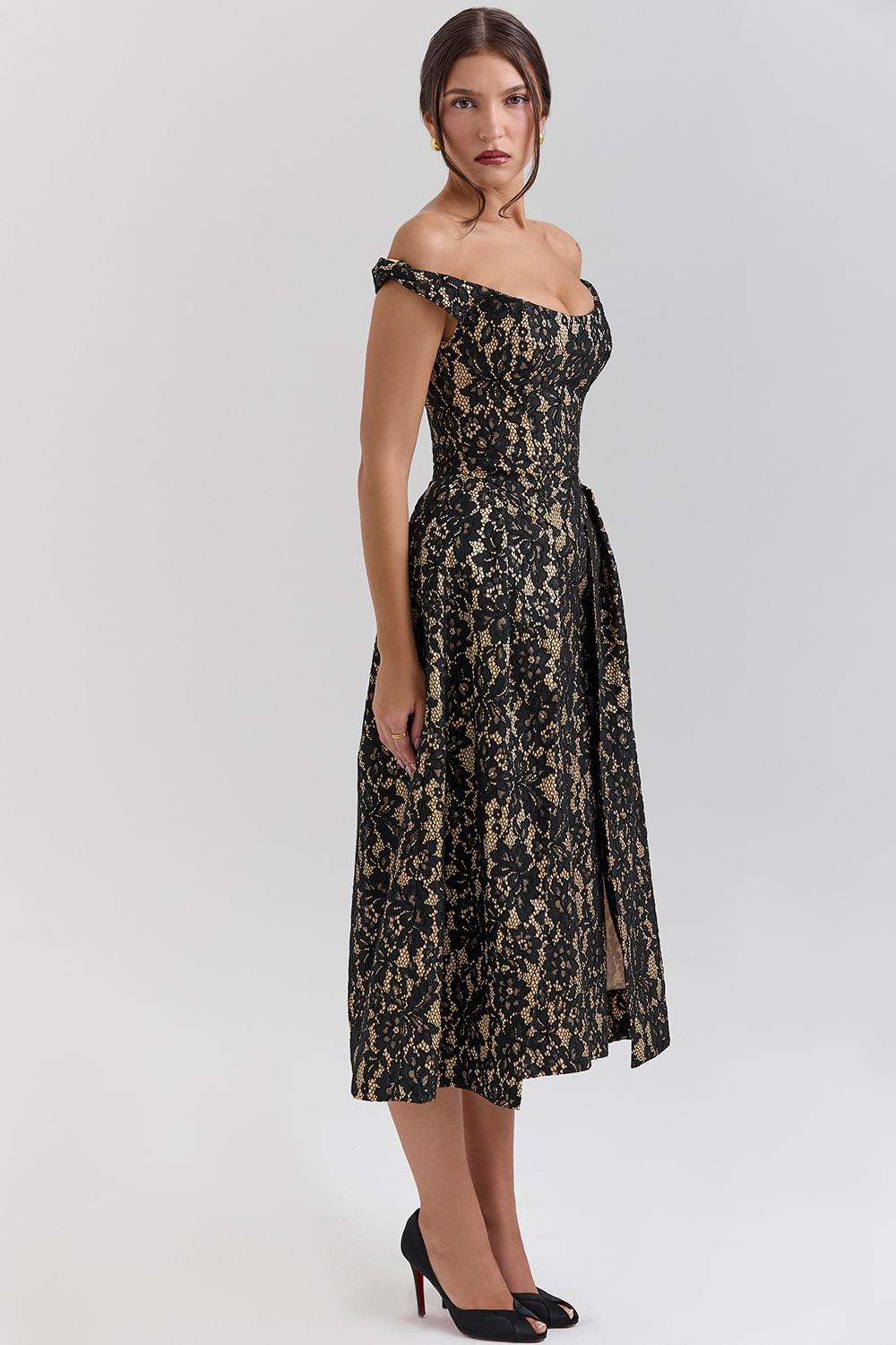 Charming  black gold lace off shoulder midi gown Product Image