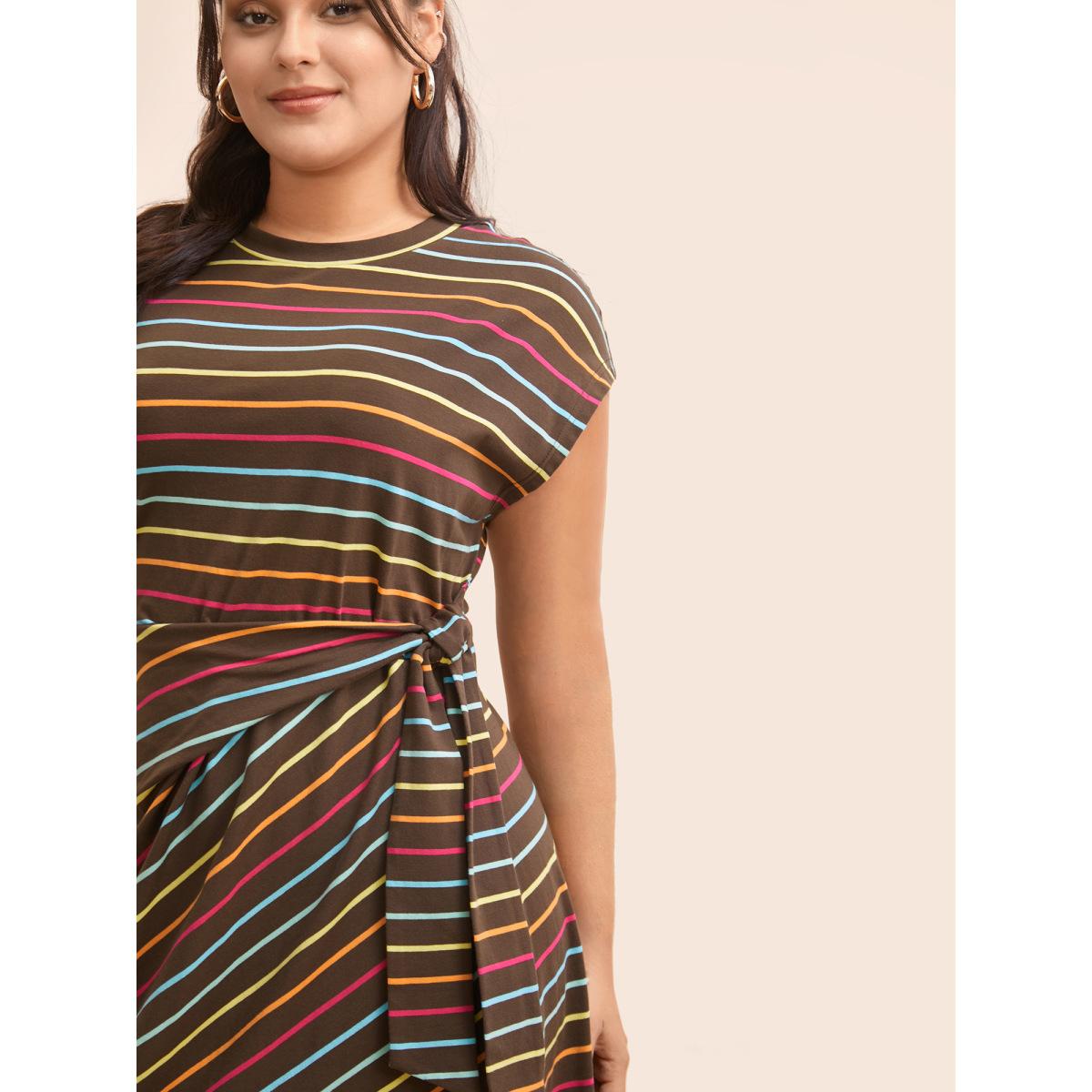 Plus Size Colored Striped Tie Knot Cap Sleeve Dress Browncoffeecolor Women Casual Tie knot Boat Neck Cap Sleeve Curvy BloomChic 26/4X Product Image