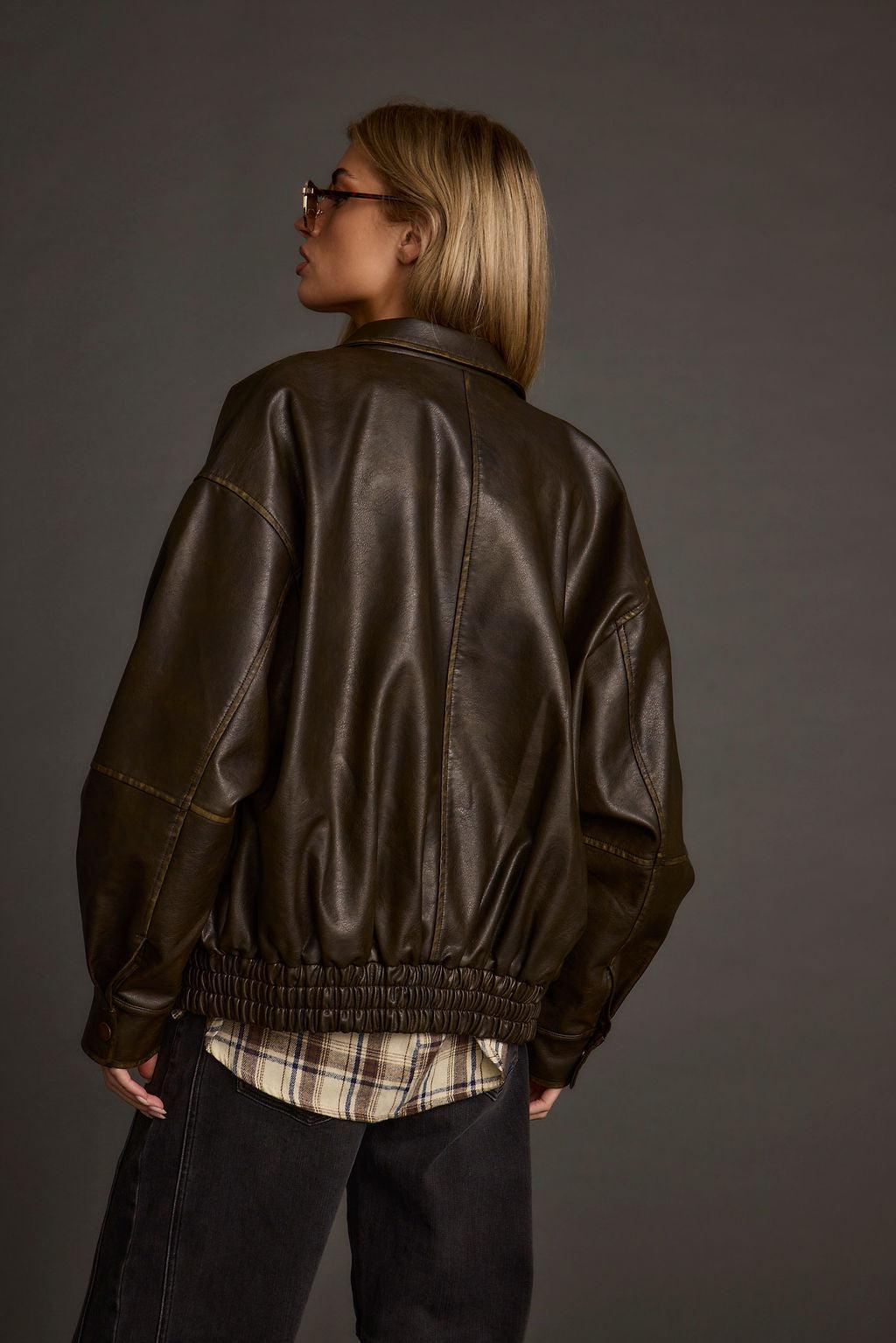London Calling Brown Oversized Faux Leather Jacket Product Image