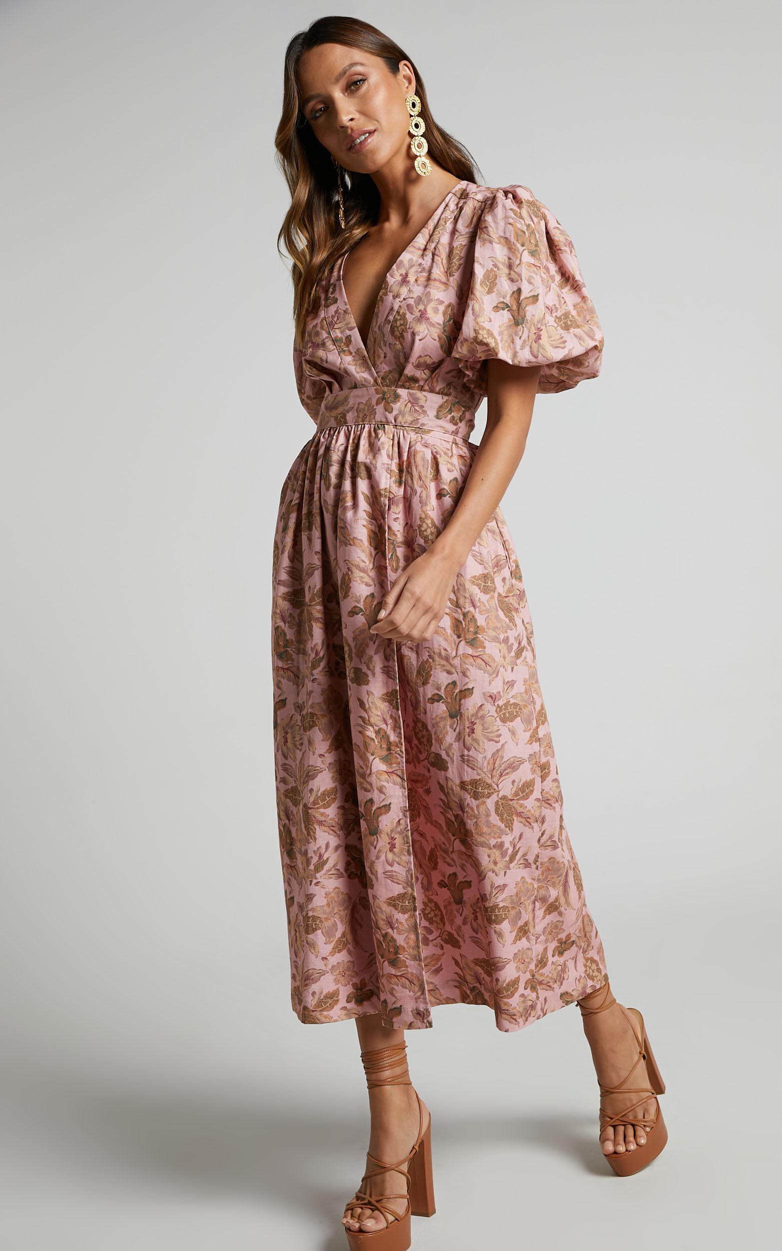 Amalie The Label - Franc Linen Puff Sleeve Wrap Midi Linen Dress in Vahala Print Product Image