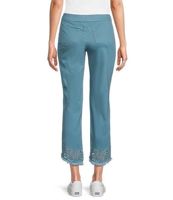 Intro Straight Leg Tulip Eyelet Embroidered Frayed Hem Pull-On Ankle Pants Product Image