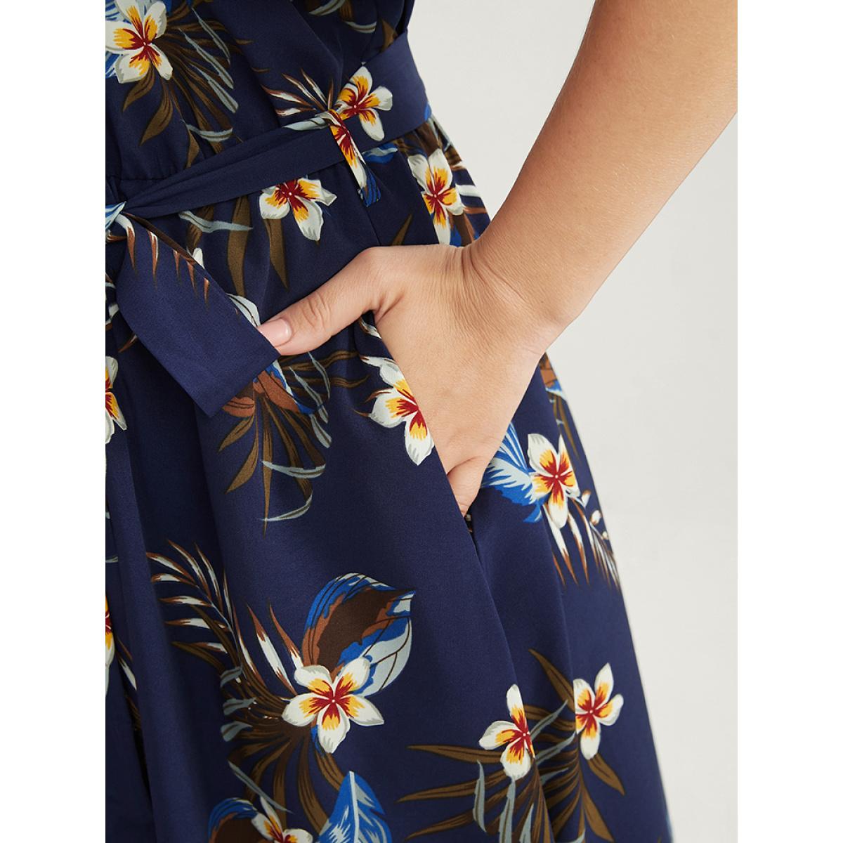 Plus Size Floral Cold Shoulder Pocket Ruffle Belted High Low Hem Dress DarkBlue Women Vacation Adjustable Straps Cold Shoulder Short sleeve Curvy Midi Dress BloomChic 10/M Product Image