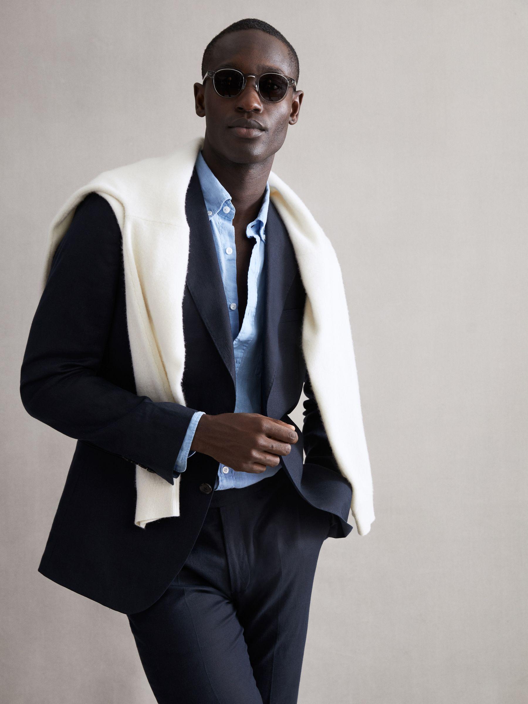 Slim Fit Single Breasted Linen Blazer in Navy Product Image