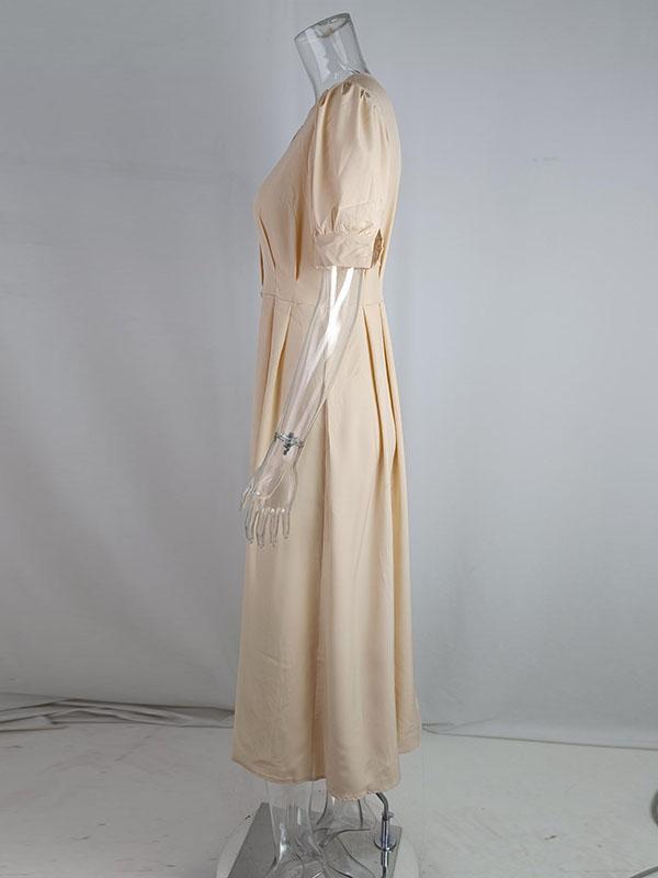 High Waisted Loose Buttoned Round-Neck Midi Dresses Product Image