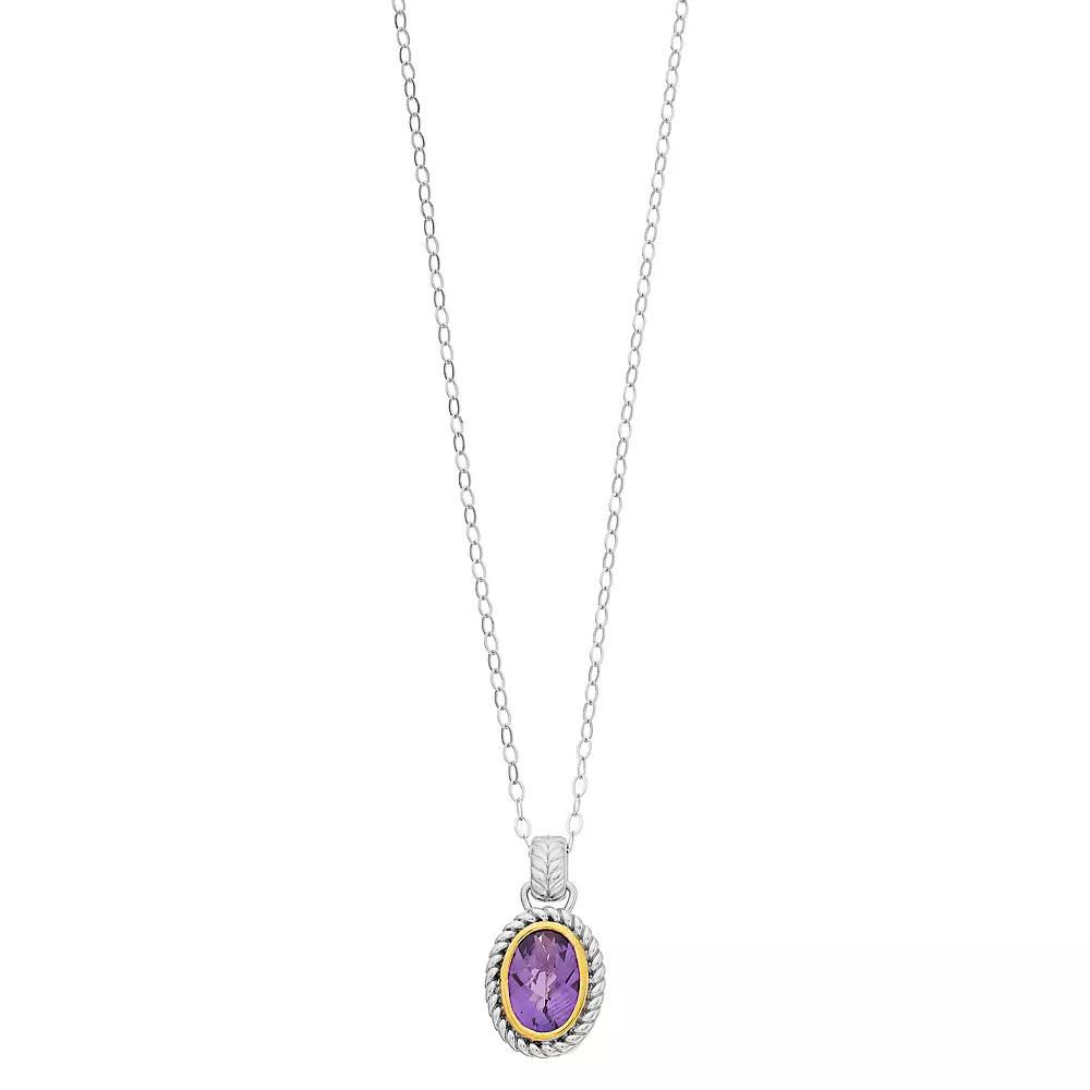 Two Tone Sterling Silver Oval Amethyst Pendant Necklace, Women's,  Product Image