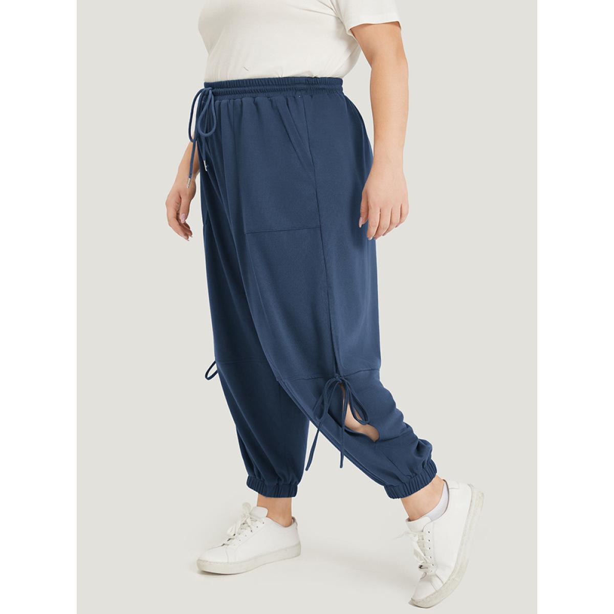 Solid Drawstring Pocket Ties Cut Out Sweatpants Aegean Plus Size Women Casual Dailywear Plain 14-16/1X Bloomchic Product Image
