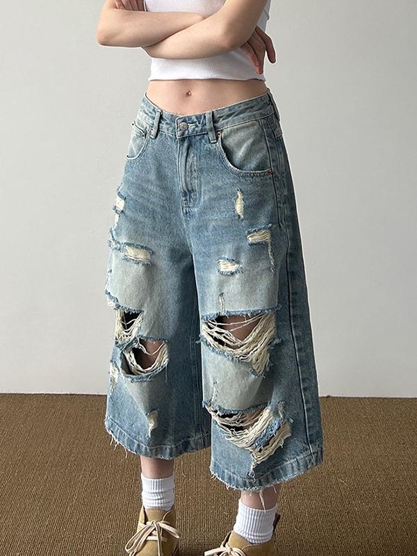 Vintage High Street Ripped Denim Shorts Product Image