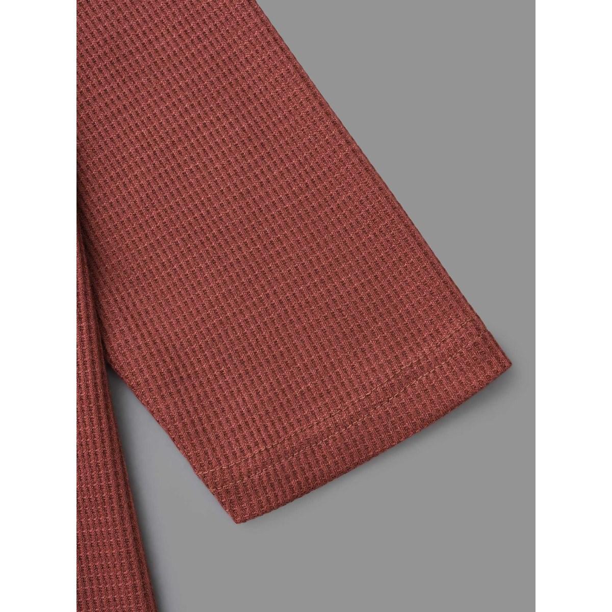 Plus Size Waffle Knit Button Detail Arc Hem T-shirt Rust Women Casual Texture Round Neck Everyday T-shirts BloomChic 12/L Product Image