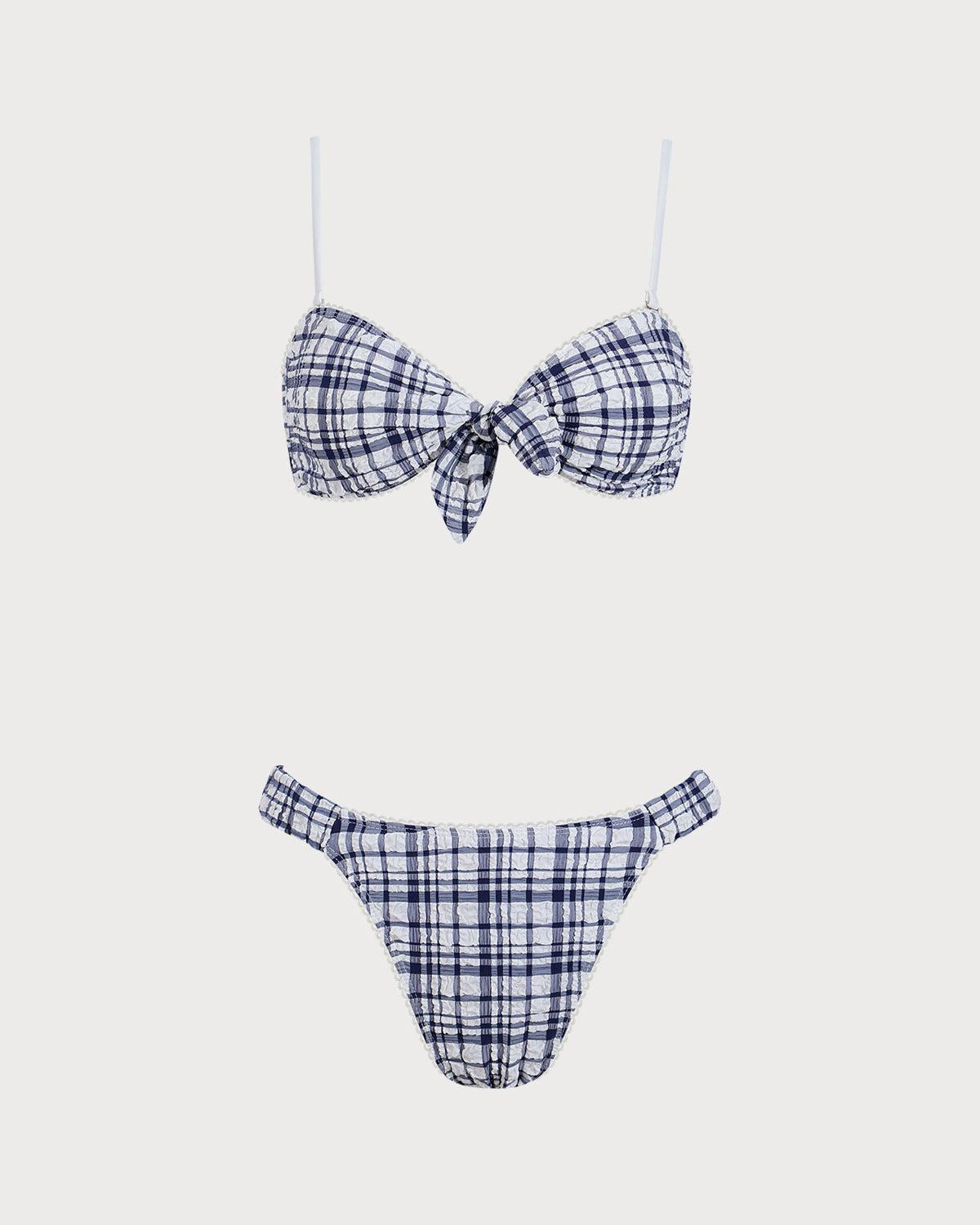 Blue Plaid Tie Front Bikini Set Product Image