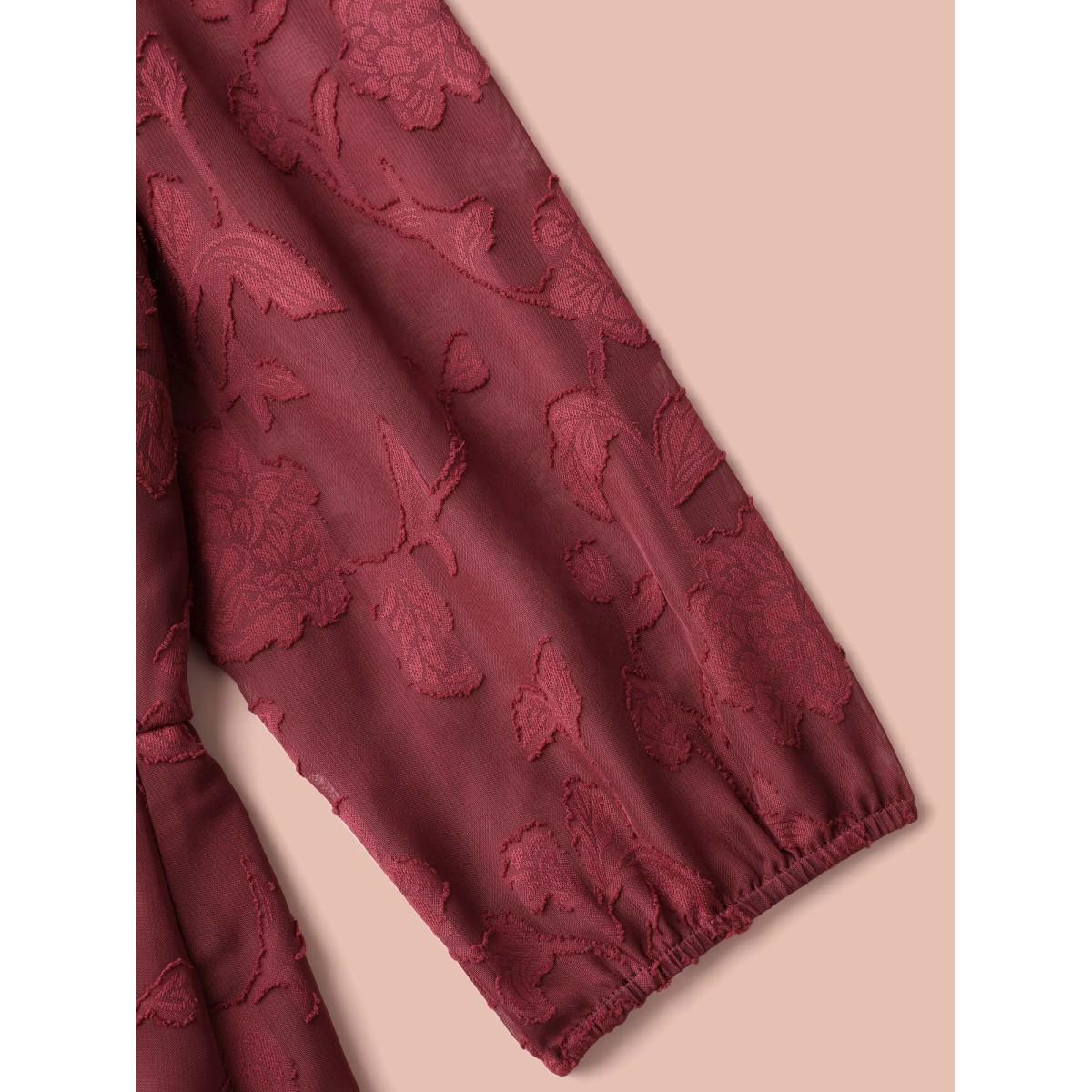 Plus Size Floral Frill Trim Stretchy-Waist Sheer Midi Dress Burgundy Women Elegant Texture Square Neck Elbow-length sleeve Curvy BloomChic 22-24/3X Product Image