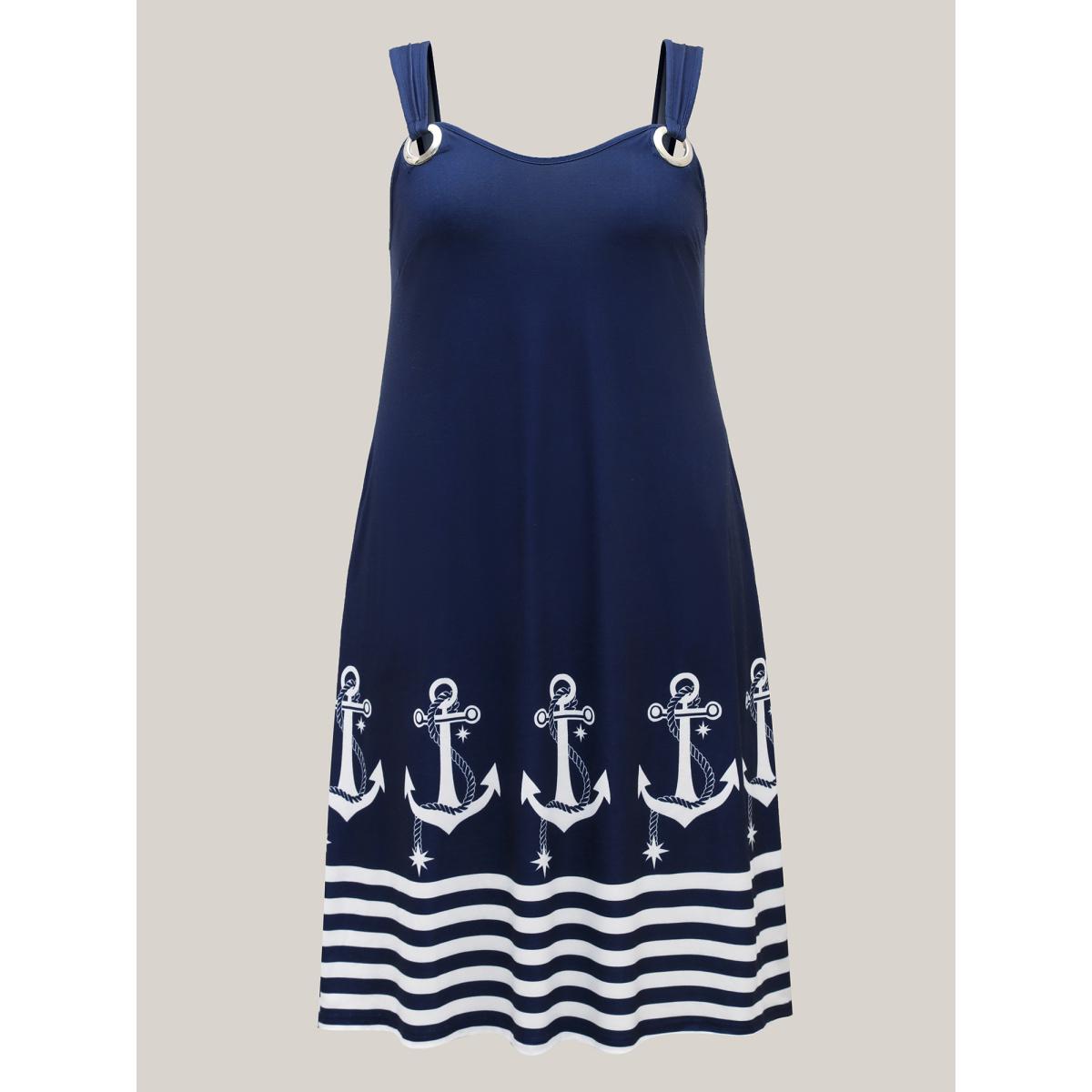 Plus Size Nautical Print Sleeveless Buckle Midi Dress Navy Women Resort V-neck Sleeveless Curvy BloomChic 30/6X Product Image