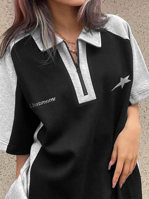 Vintage Print Zipper Lapel Oversized Short Sleeve Tee Product Image