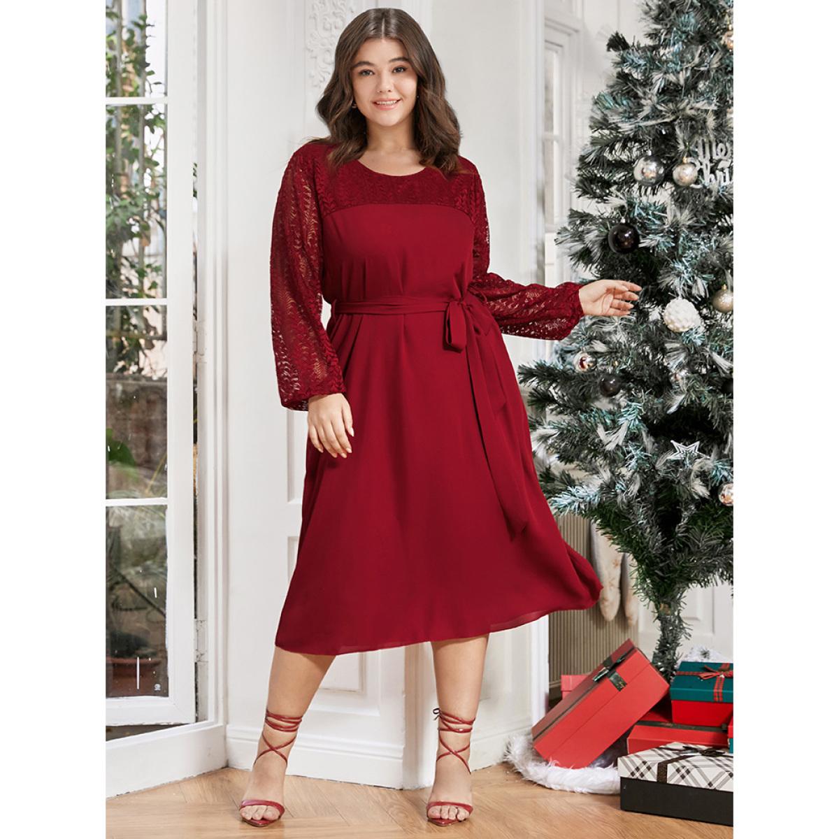 Plus Size Solid Lantern Sleeve Pocket Belted Contrast Lace Dress Burgundy Women Elegant Belted Round Neck Long Sleeve Curvy Midi Dress BloomChic 10/M Product Image