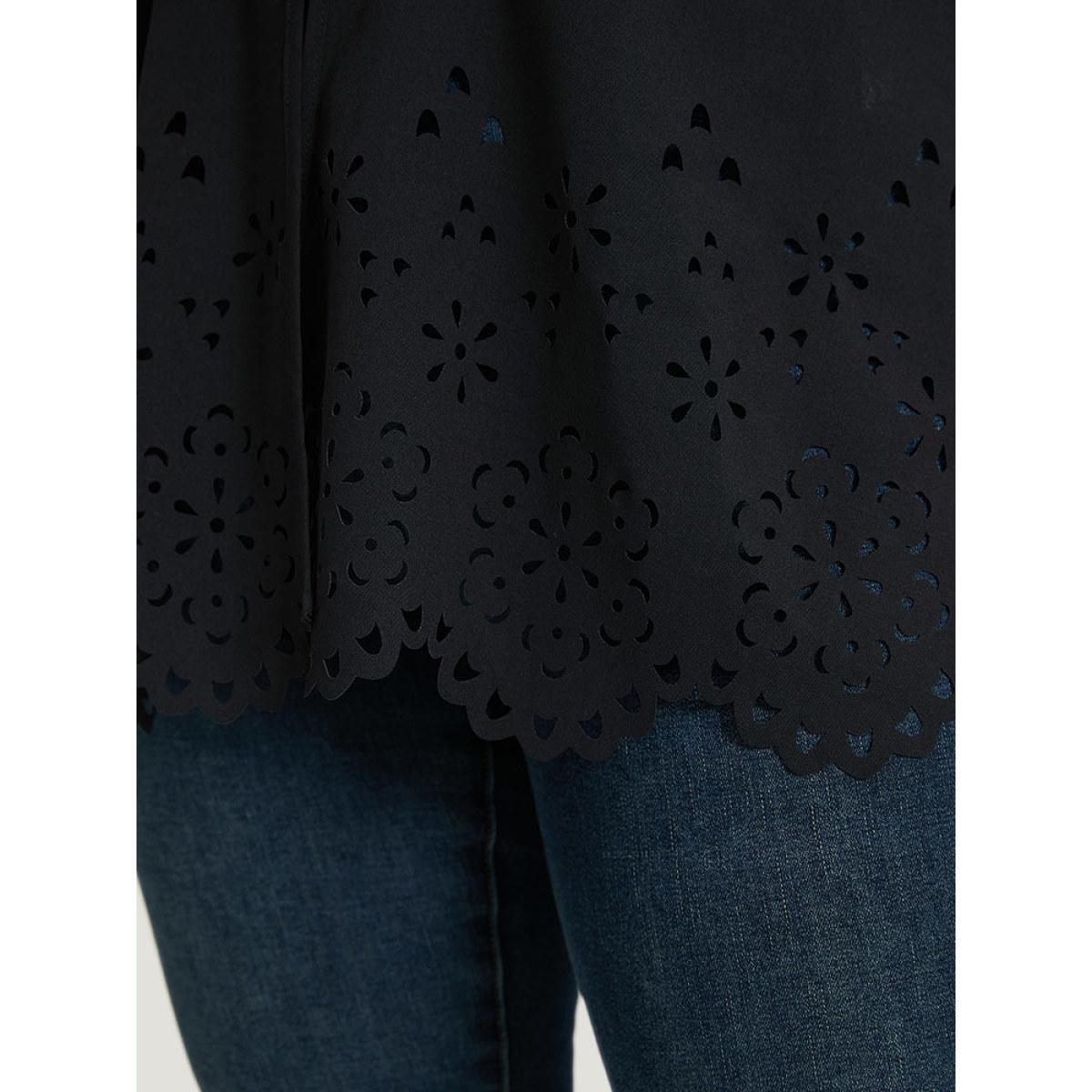 Plus Size Plain Laser Cut Open Front Scalloped Trim Kimono Women Black Casual Plain Dailywear Kimonos BloomChic 12/L Product Image