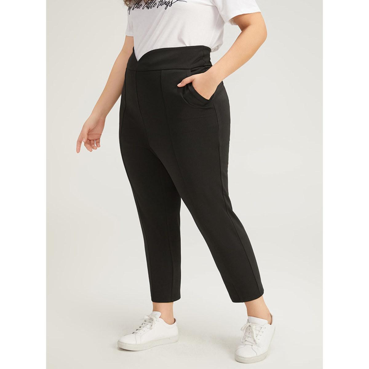 Plus Size Plain Wideband Waist Pocket Scalloped Trim Skinny Leggings Women Black Casual Bodycon High Rise Everyday Pants BloomChic 28/5X Product Image