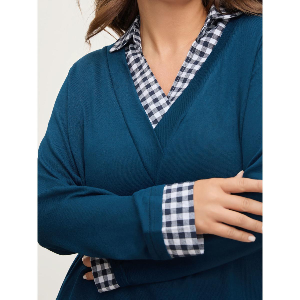 Plus Size Gingham Patchwork Shirt Collar Arc Hem Sweatshirt Women Blue Leisure Patchwork V-neck Casual Sweatshirts BloomChic 14-16/1X Product Image