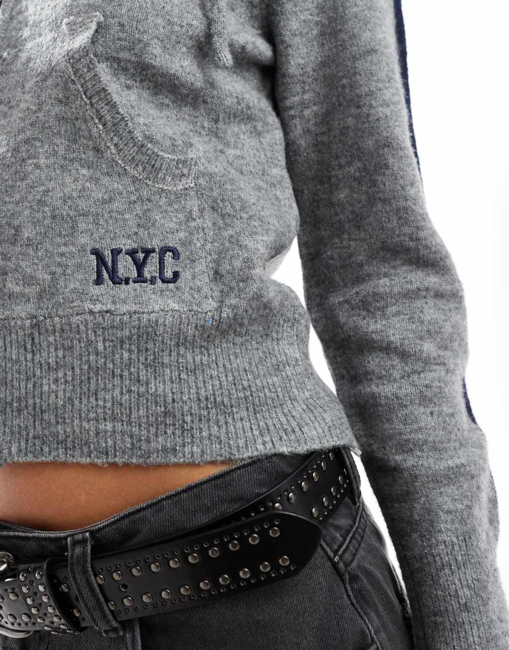 Daisy Street gray 90s zip up fitted hoodie with navy side stripes Product Image