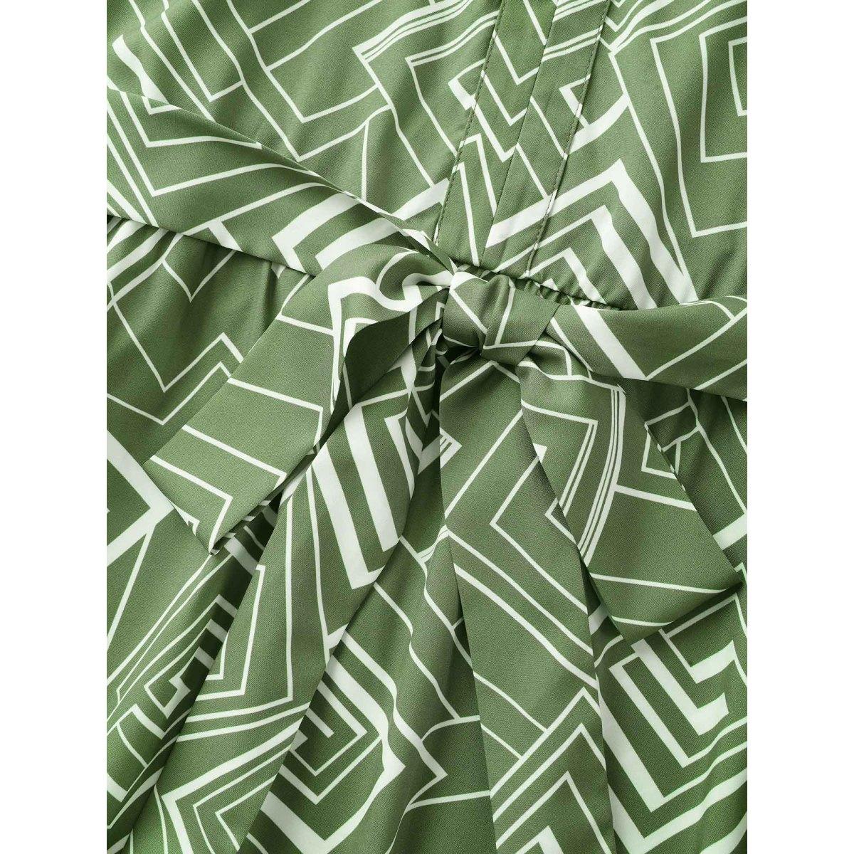 Plus Size Geometric Flat Collar With V Notch Ruffle Sleeve Belted Dress Mint Women At the Office Belted Flat collar with V-notch Short sleeve Curvy Midi Dress BloomChic 14-16/1X Product Image