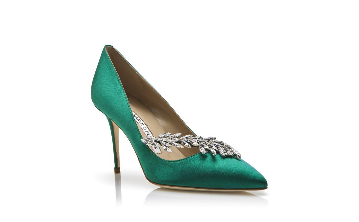 NADIRA Green Satin Jewel Buckle Pumps  Product Image