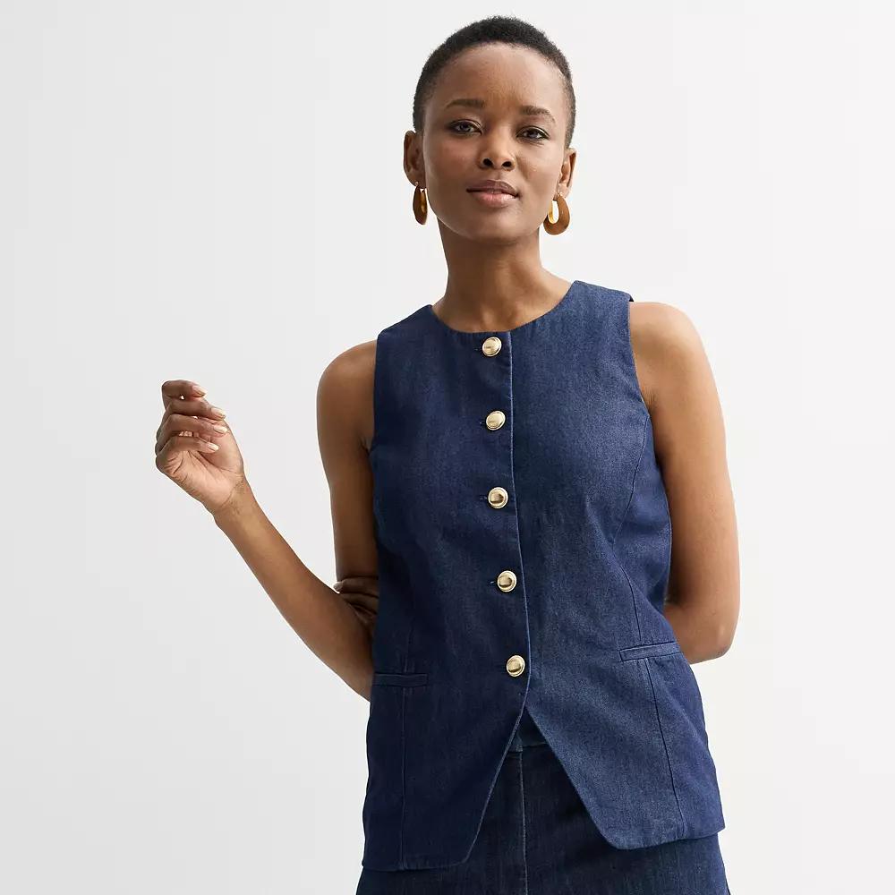 Women's Nine West Highneck Tailored Vest, Size: Medium, Mid Blue Blue Wash Product Image