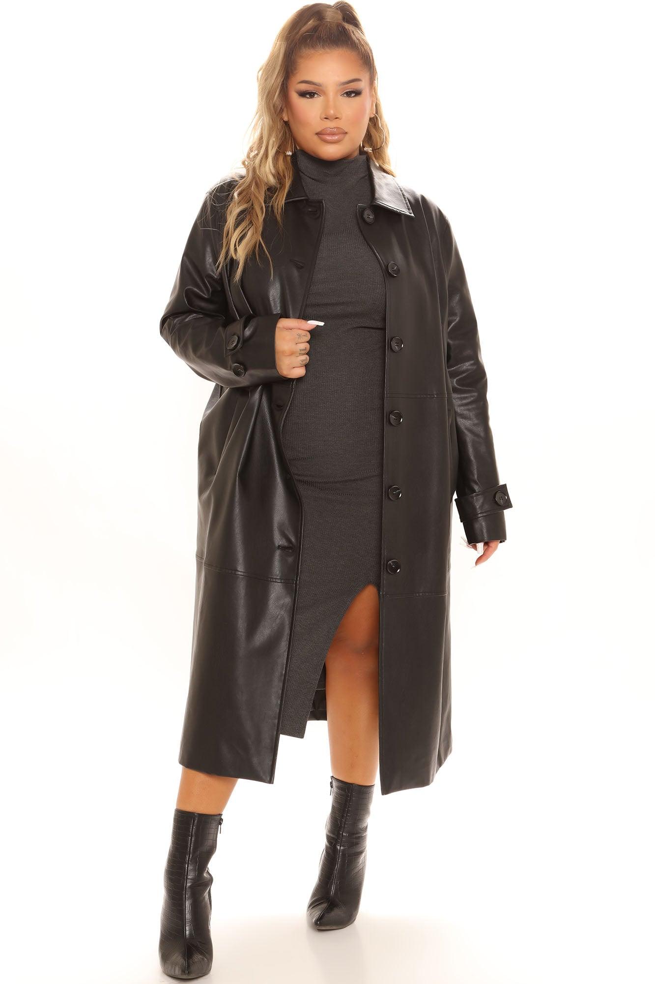 Gimme A Clue Faux Leather Trench Coat - Black Female Product Image