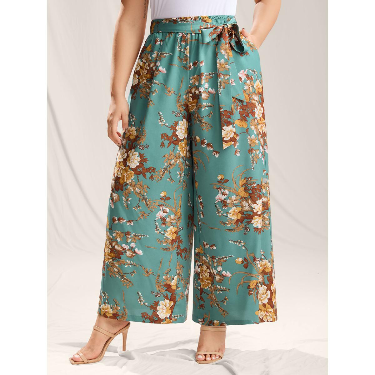 Plus Size Sweet Floral Print Belted Wide-Leg Pants Women Emerald Formal Wide Leg Mid Rise Party Pants BloomChic 14-16/1X Product Image