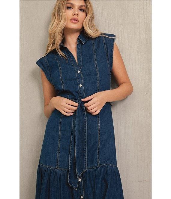 ELAN Denim V-Neck Short Cap Sleeve Midi Dress Product Image