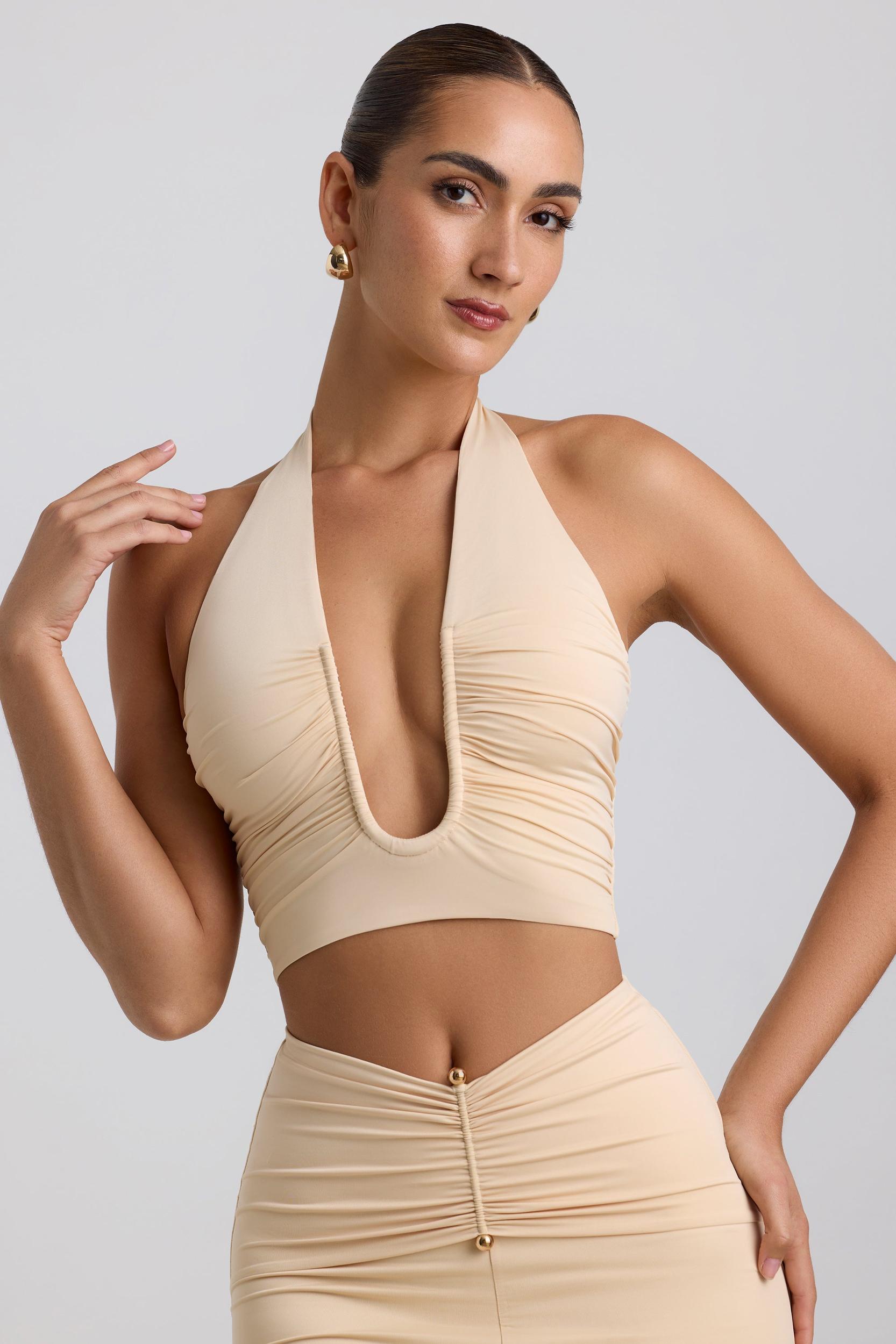Slinky Jersey Ruched Halterneck Top in Buttercream Product Image