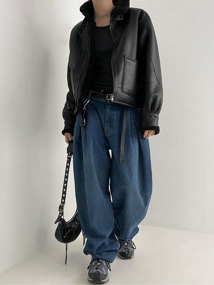 RT No. 10338 BLACK STAND COLLAR FLEECE LEATHER JK Product Image