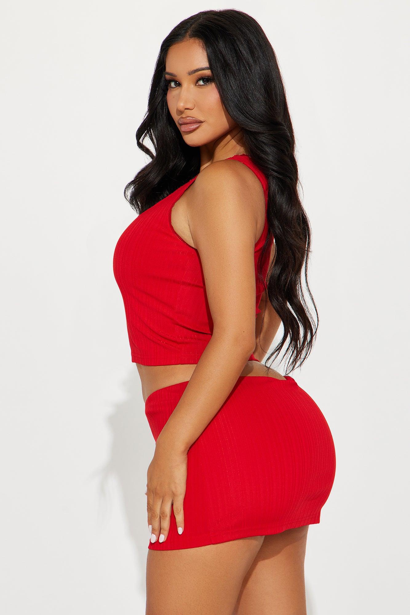 Bow Love Ribbed Skirt Set - Red Product Image