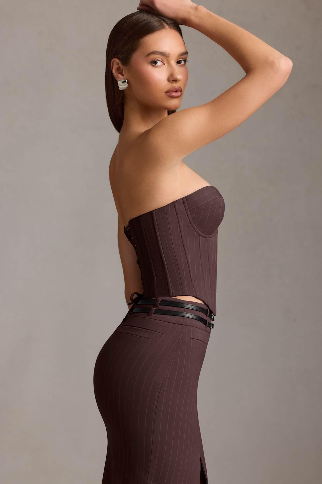 Pinstripe Lace-Up Corset Top in Chocolate Brown Product Image