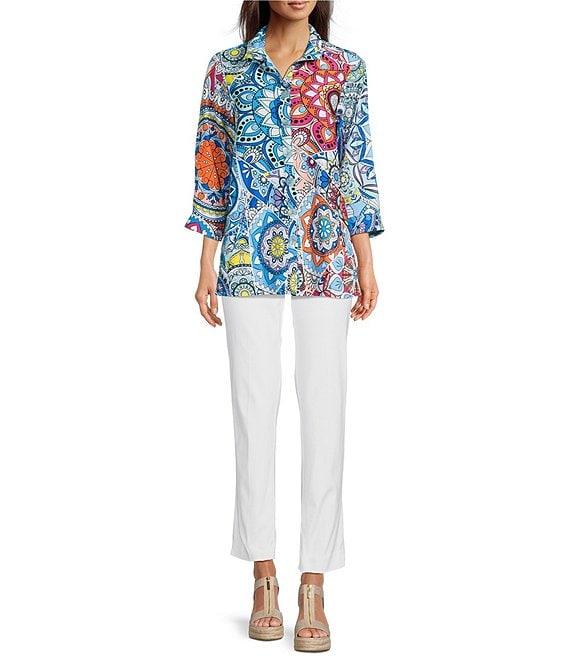 Ali Miles Medallion Print Wire Collar 3/4 Sleeves Button Front Tunic Product Image