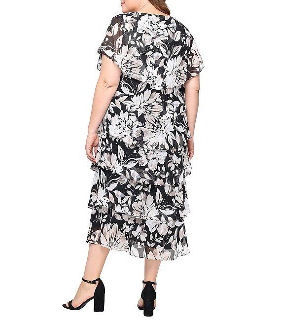 Ignite Evenings Plus Size Floral Print Tiered Midi Dress Product Image