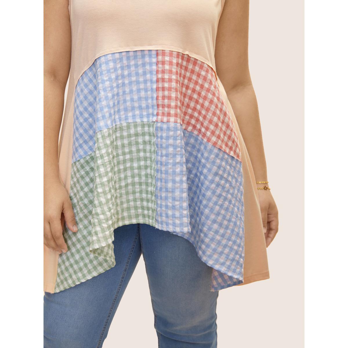 Plus Size Notched Collar Gingham Contrast Patchwork Tank Top Women Apricot Resort Contrast Notched collar Vacation Tank Tops Camis BloomChic 28/5X Product Image
