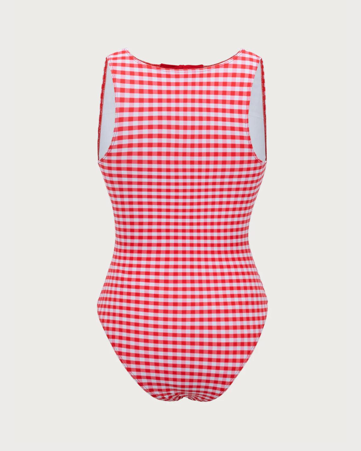 Red Plaid Retro One-Piece Swimsuit Product Image